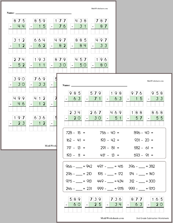 three digit subtraction worksheet 2nd grade