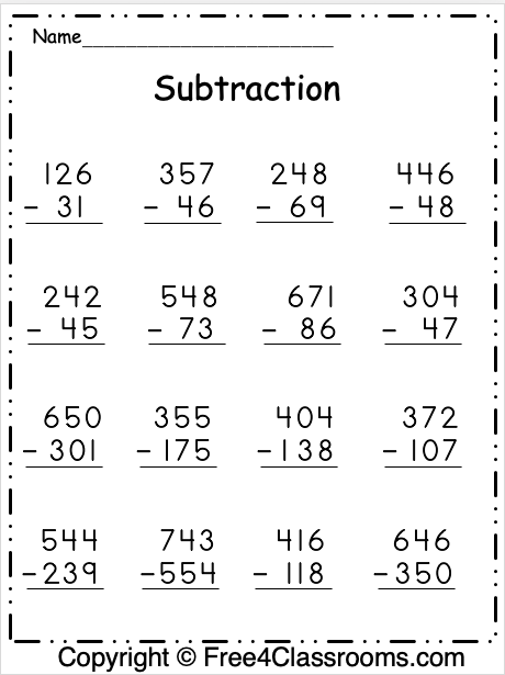 three digit subtraction worksheet 2nd