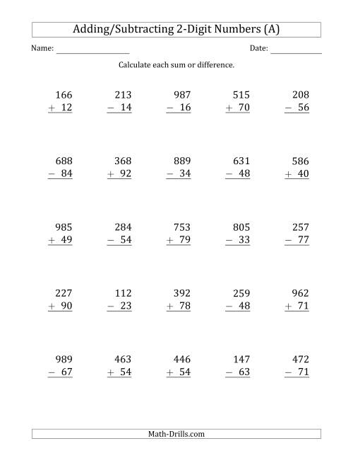 3-Digit Plus/Minus 2-Digit Addition and Subtraction with SOME ...