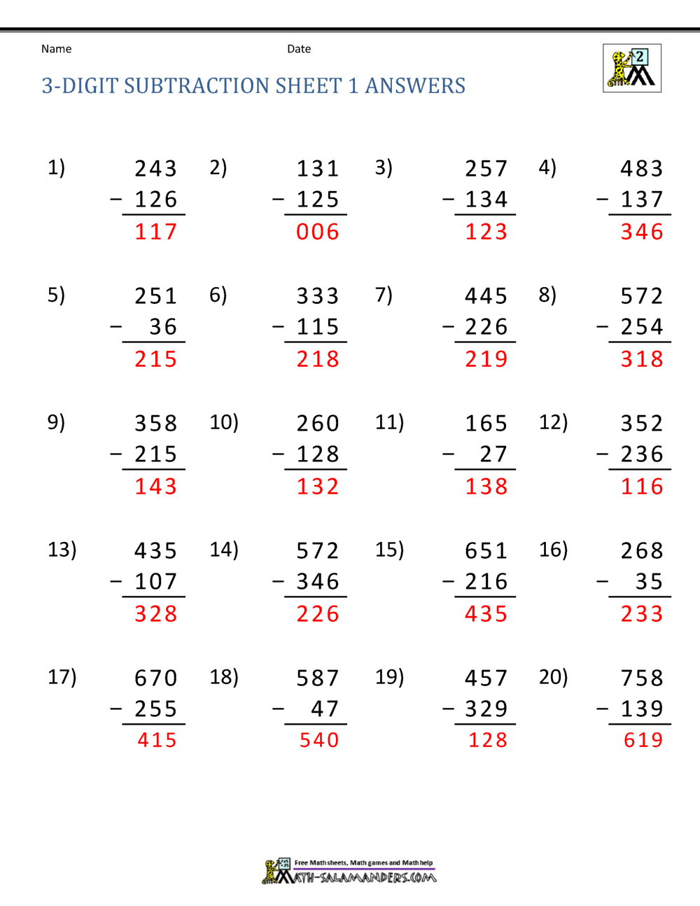 three digit subtraction worksheet 2nd