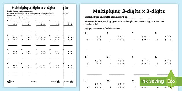 Multiplication 3 Digit by 3 Digit Worksheet - CfE - Twinkl