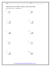 three digits multiplication worksheet