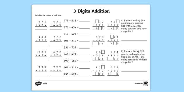 three number addition worksheet free