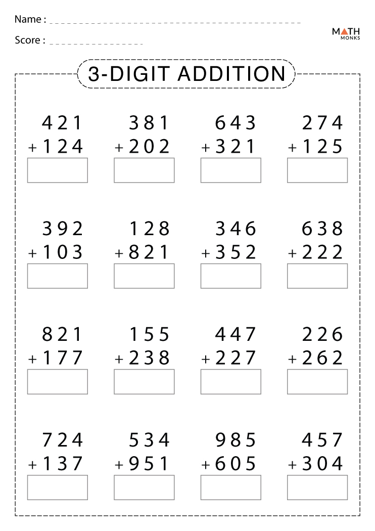 3 Digit Addition Worksheets with Answer Key