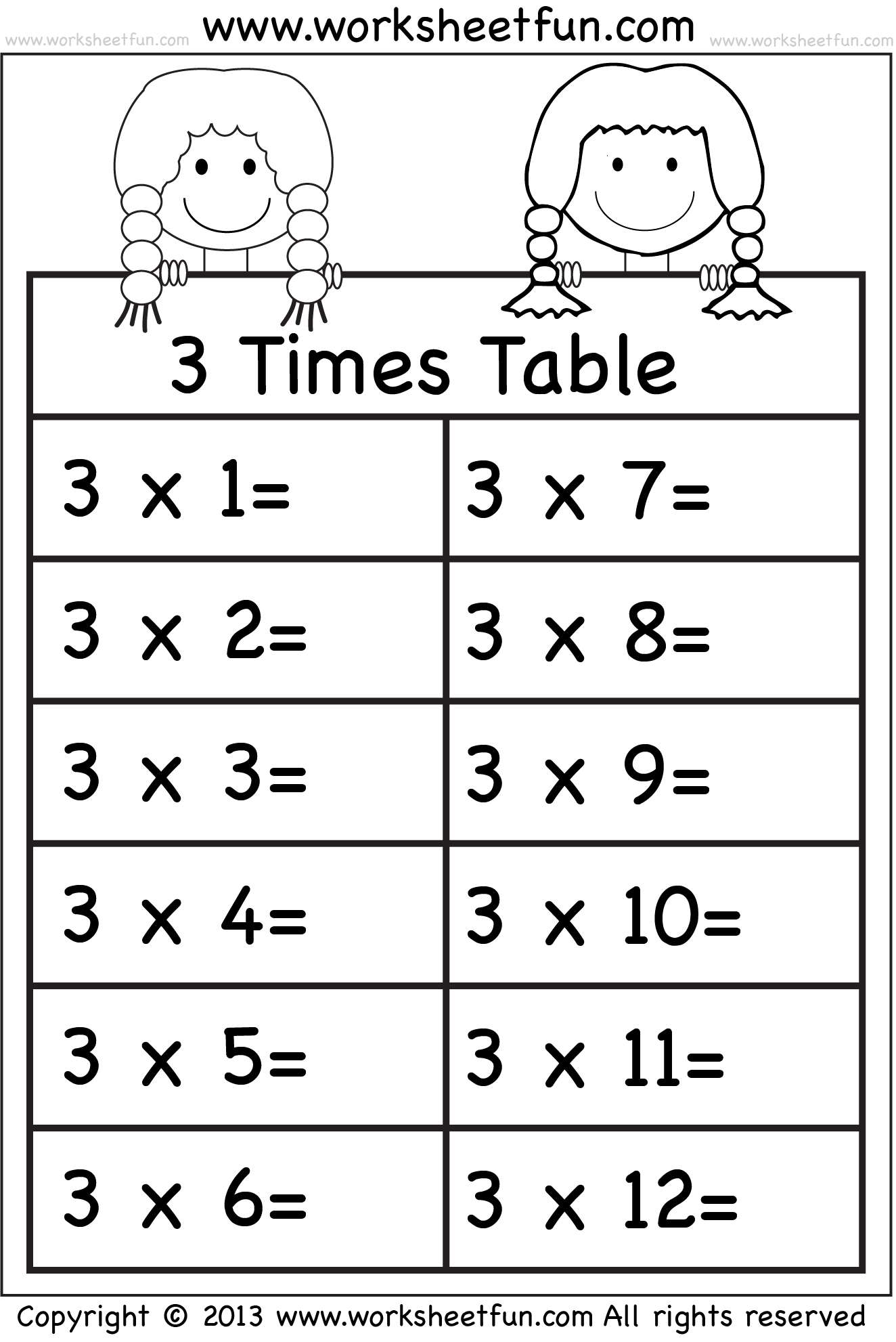 three times tables worksheet