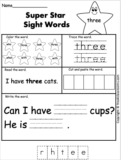 three worksheet for kindergarten