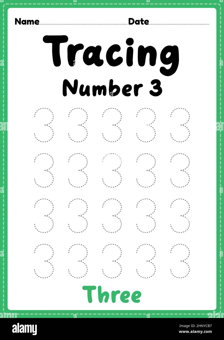 Tracing number 3 worksheet for kindergarten, preschool and ...