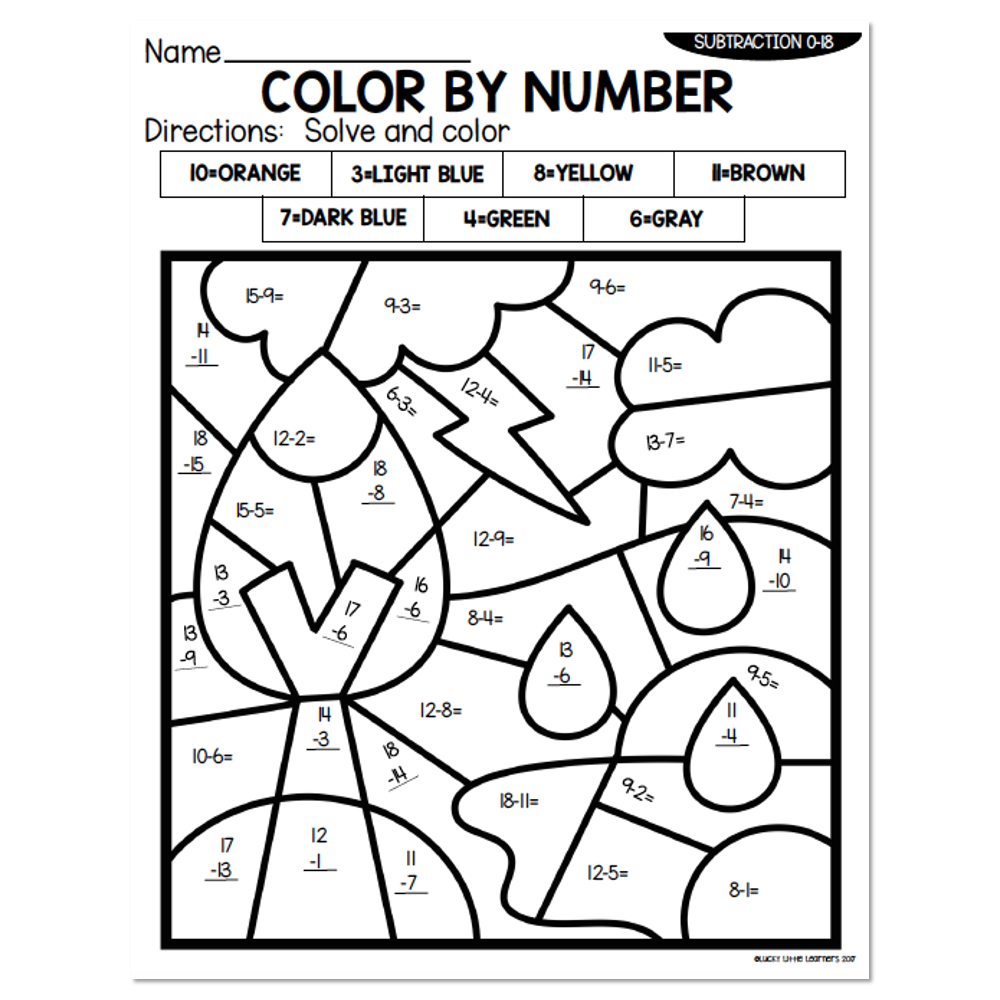 Subtraction to 18 Summer Color by Number - Thunderstorm - Lucky ...