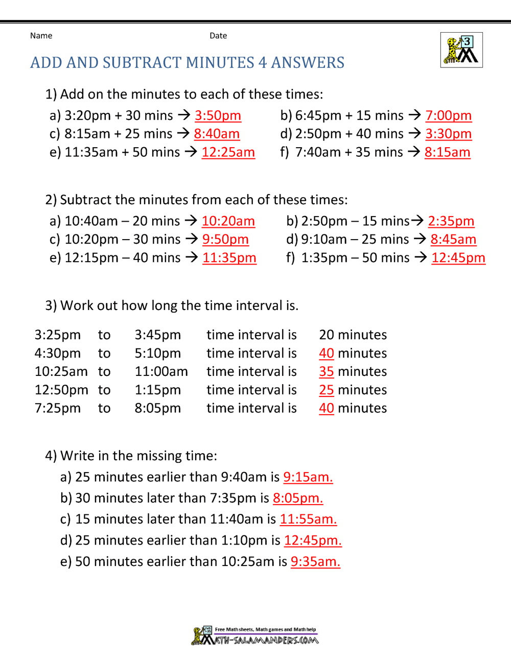 Add and Subtract Time Worksheets