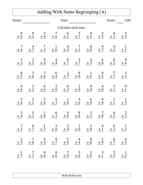 100 Single-Digit Addition Questions With Some Regrouping (A)