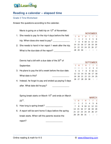 time and calendar worksheet for grade 3