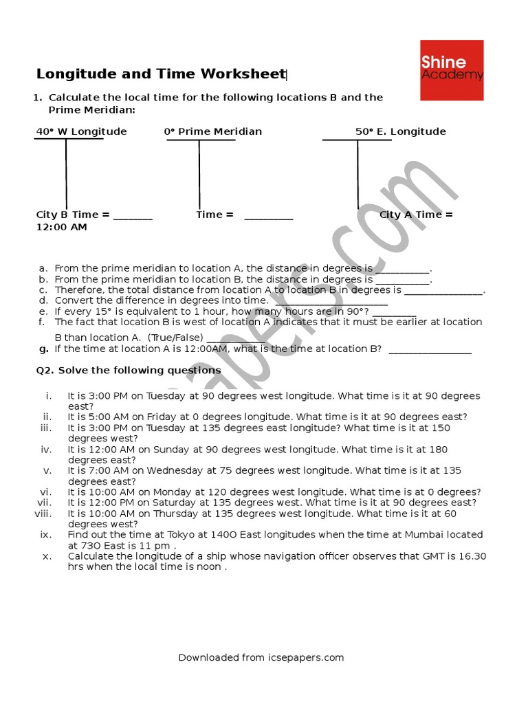 Longitude and Time Worksheet | PDF | Longitude | Geomatics