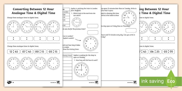 Converting Between 12 Hour Analogue Time &  Digital Time Worksheet