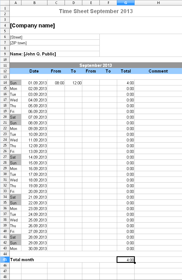 Download Excel timesheet template for the current month