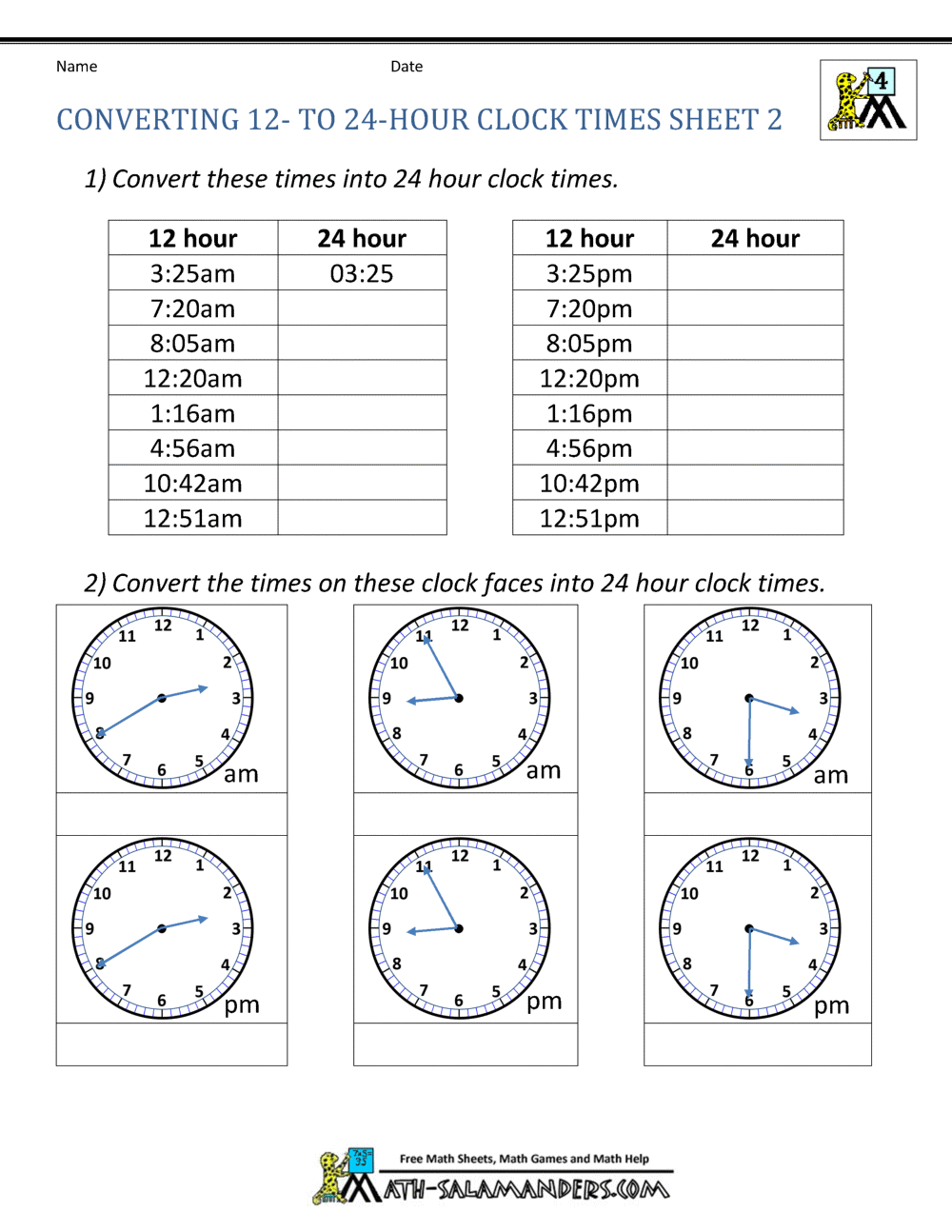 24 Hour Clock Conversion Worksheets