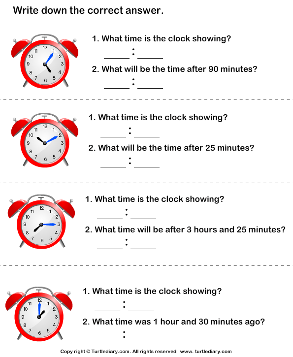 Read Clock and Find Time Difference | Turtle Diary Worksheet