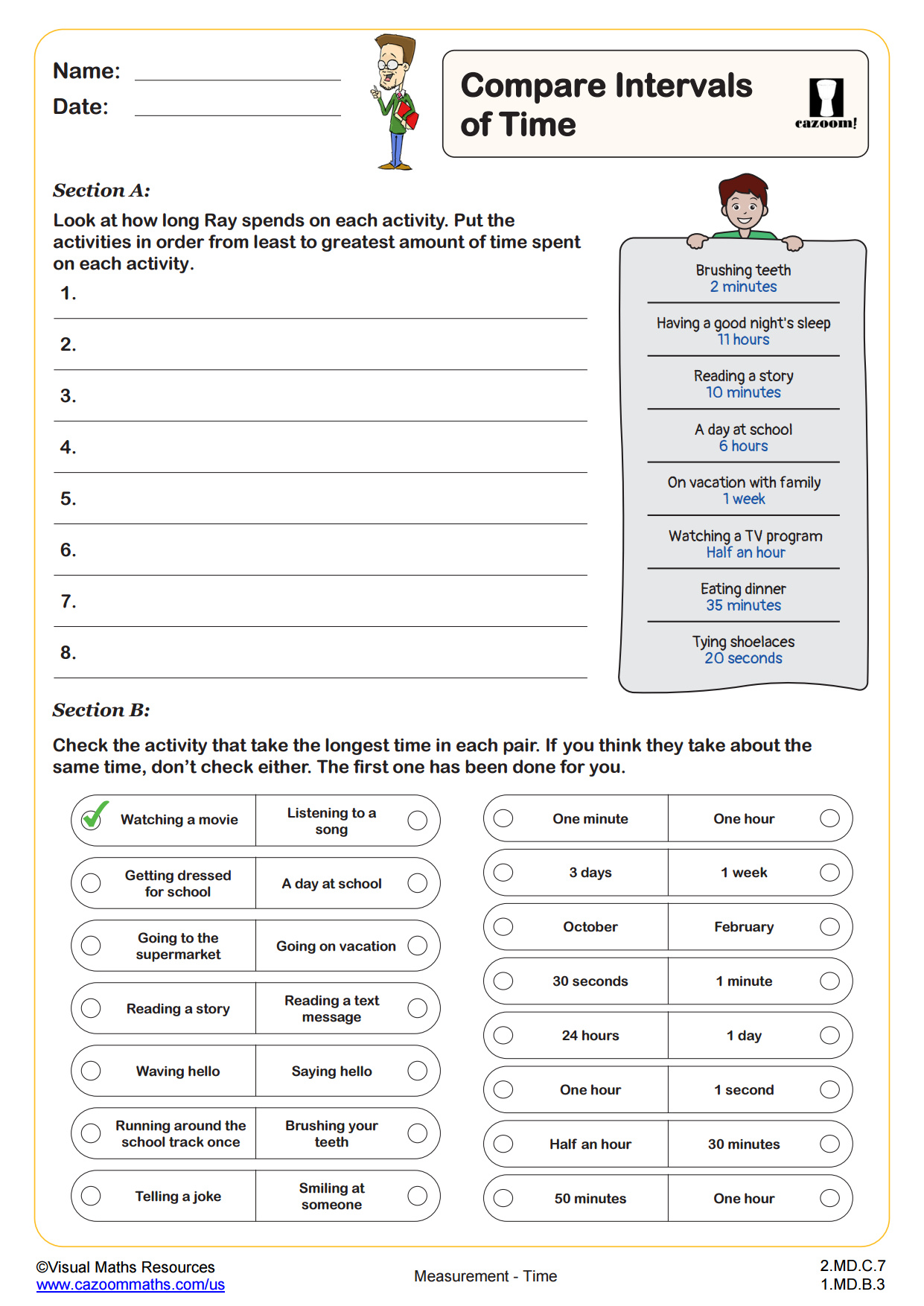 Compare Intervals of Time PDF printable Measurement Worksheets Worksheets Library
