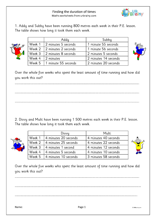 Finding the duration of times Measuring and Time Worksheets for