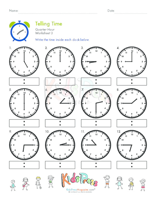Telling Time Quarter Hour Worksheet #3 - KidsPressMagazine.com