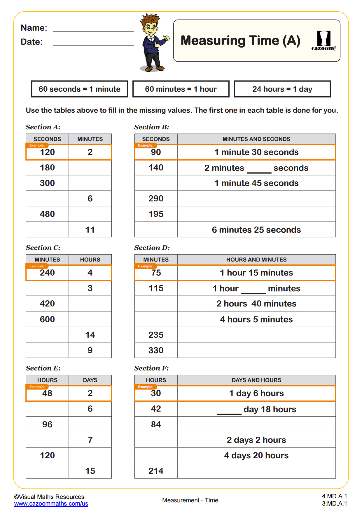 time measurement worksheet for grade
