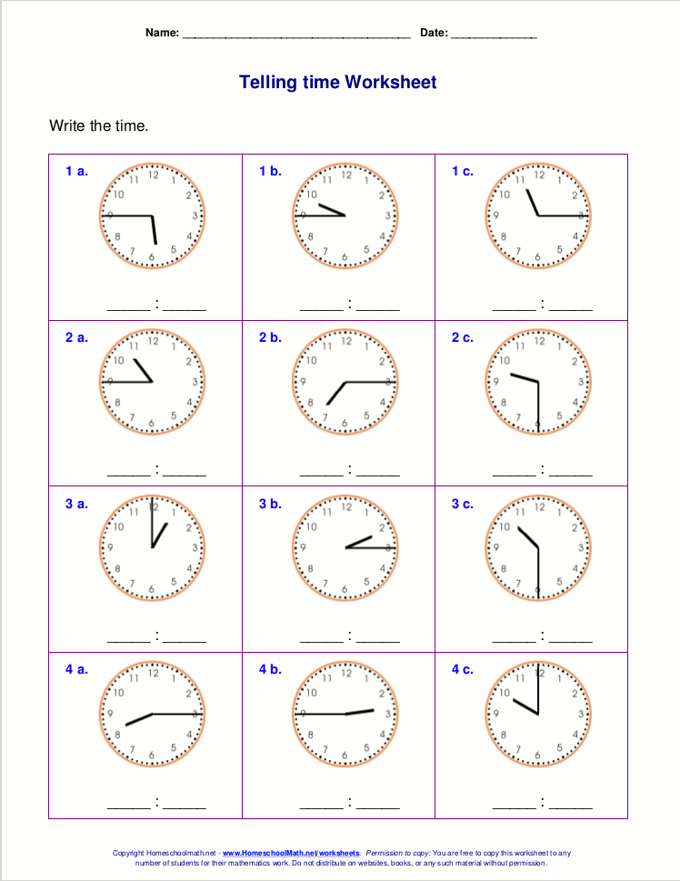 Telling time worksheets for 2nd grade