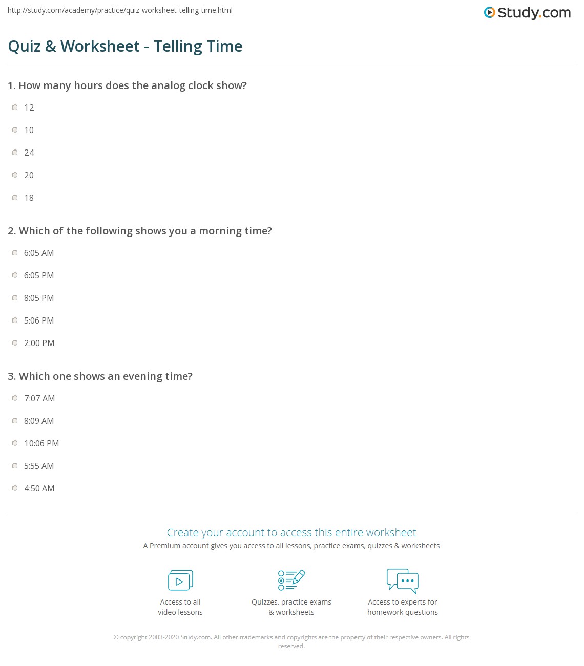 Quiz &  Worksheet - Telling Time | Study.com