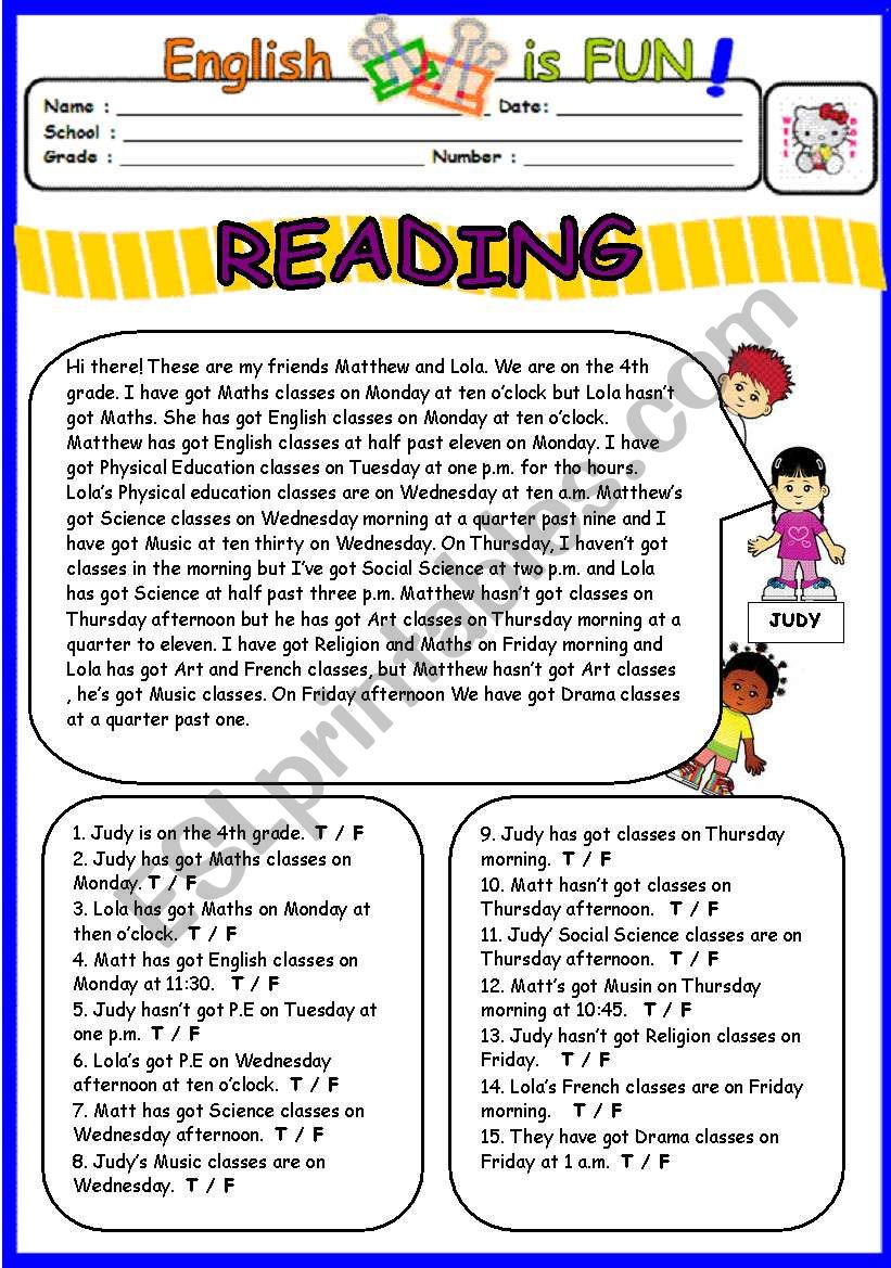 Reading on Schedule and Telling the time - ESL worksheet by bburcu