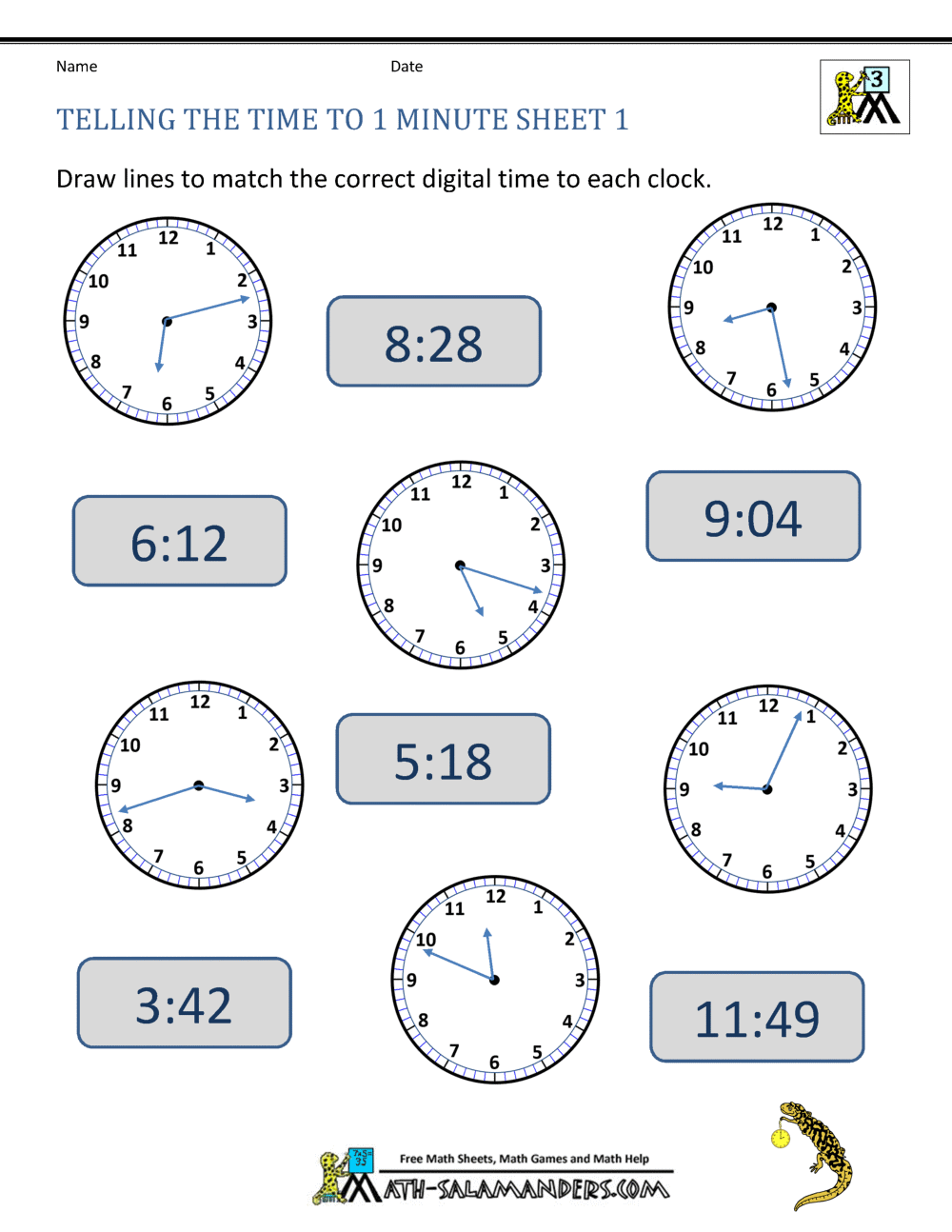 Telling Time Worksheets Grade 4 to the nearest minute