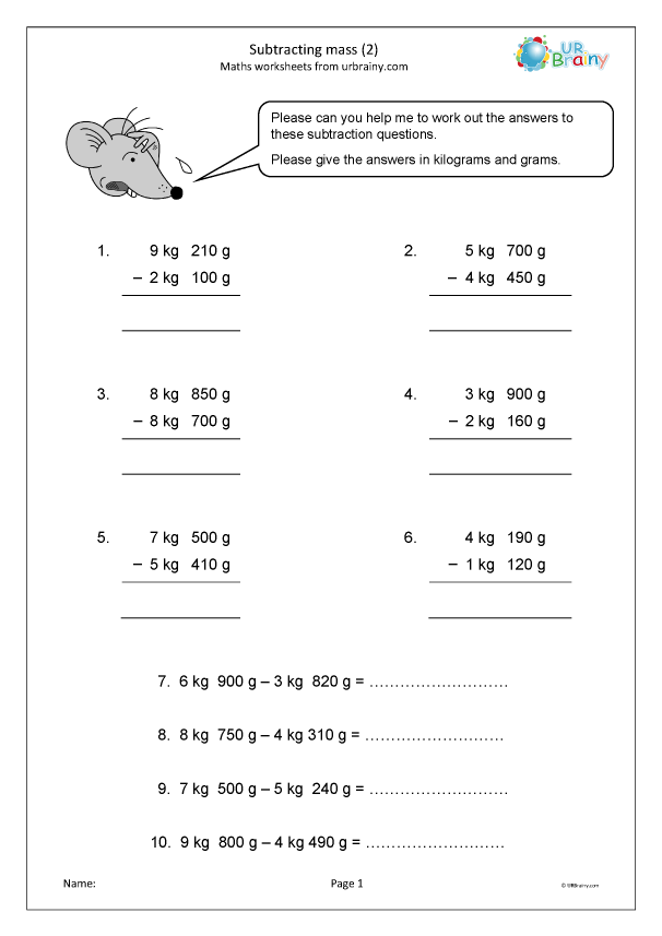 Subtracting mass (2) - Measuring and Time Worksheets for Year 3 ...