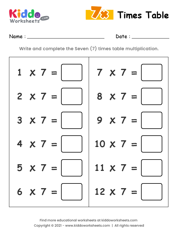 Free Printable 7 Times Table Worksheet Worksheet - kiddoworksheets