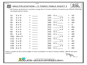 Multiplication: 5 Times Table Worksheet for 3rd - 4th Grade ...