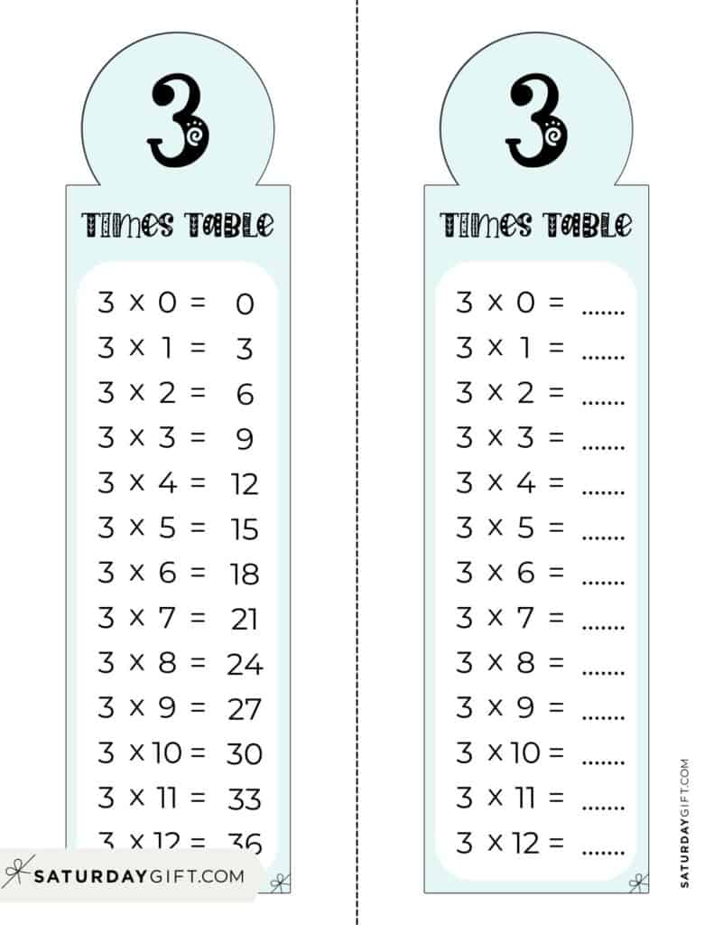 3 Times Table Chart - 15 Cute & Free Printables | SaturdayGift ...