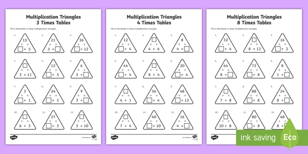 Multiplication Triangles 3, 4 and 8 Times Tables Worksheets - Year 3