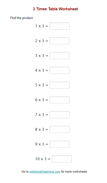3 Times Table Worksheet (printable, online, answers)
