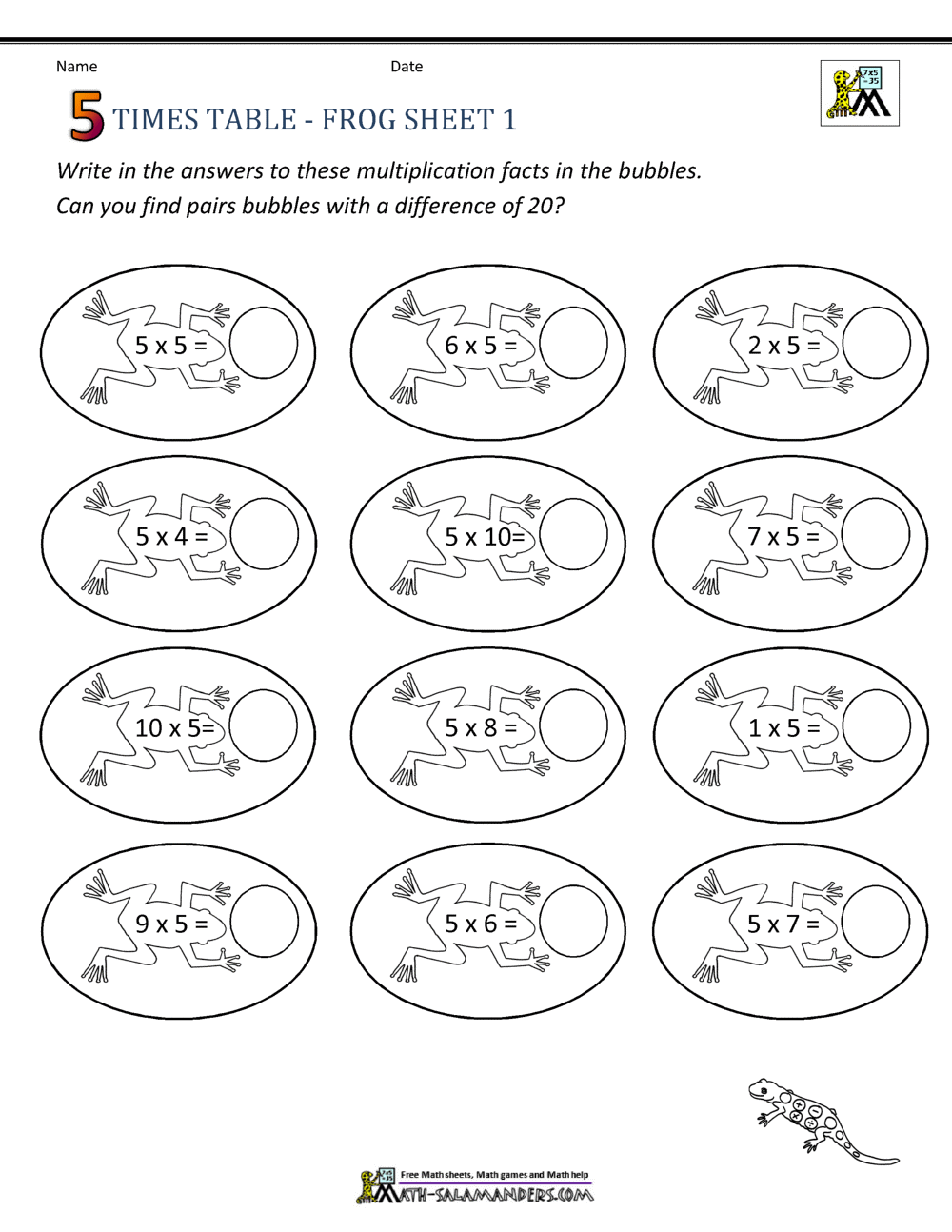 Times Table Math - 5 Times Table Sheets
