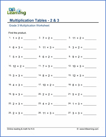 Grade 3 math worksheet - Multiplication tables - 2 &  3 | Worsheets library