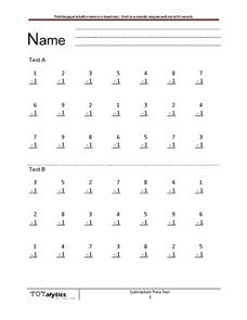Subtraction Timed Test Worksheet for 1st - 2nd Grade | Lesson Planet