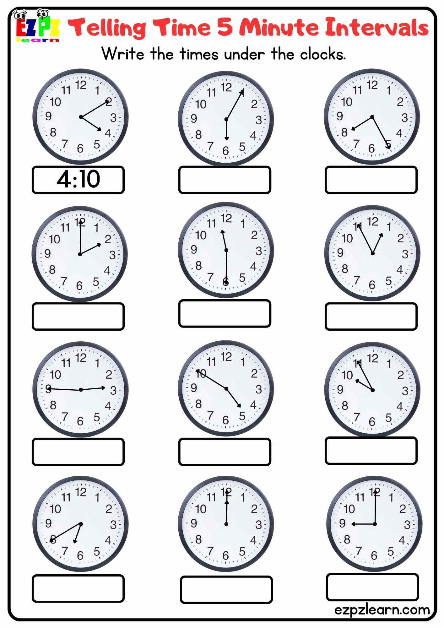 time to five minutes worksheet