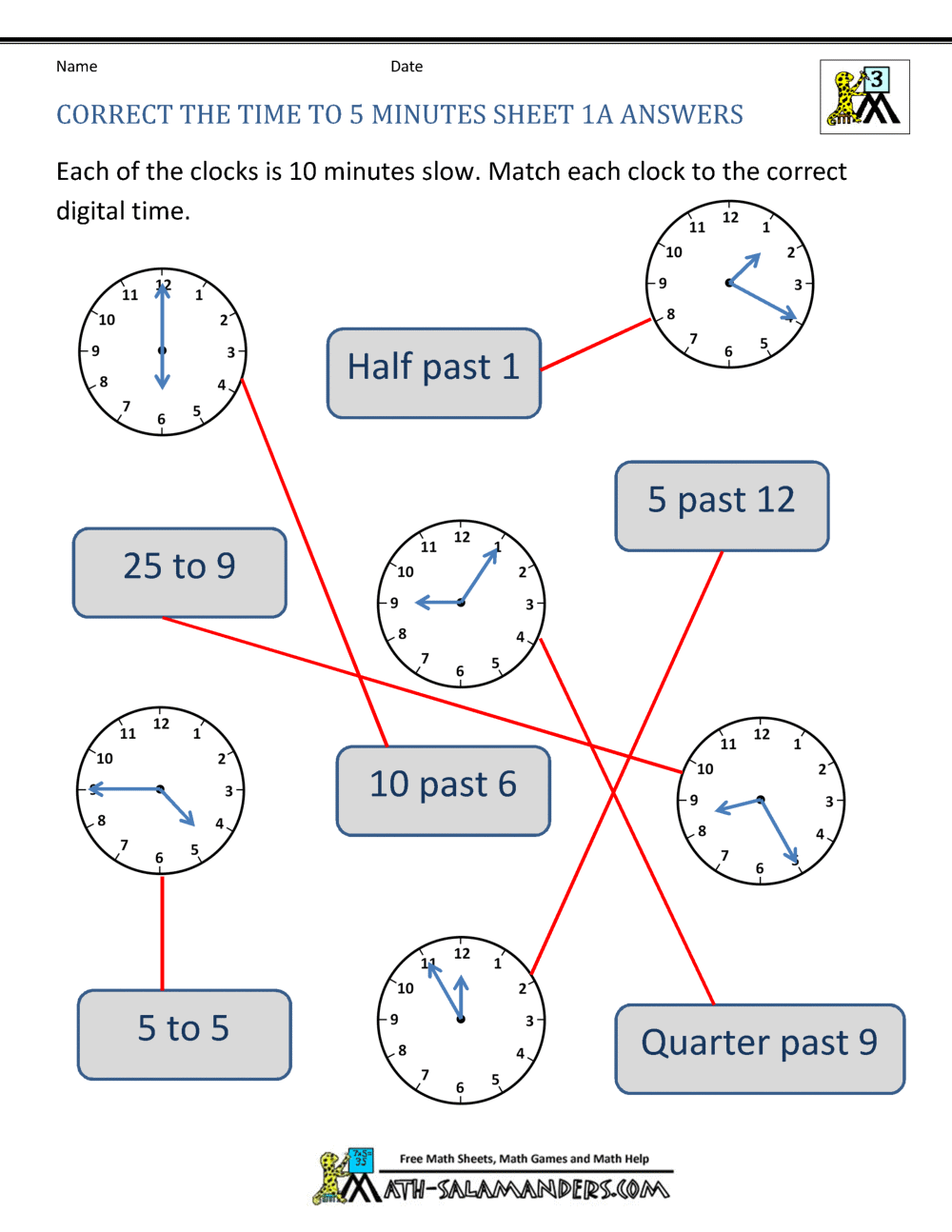 Telling Time to 5 minutes Worksheets