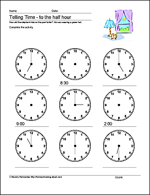 time to the half hour worksheet