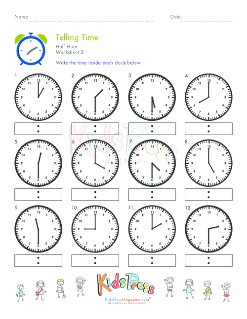 time to the half hour worksheet
