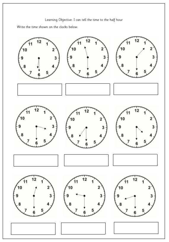 time to the hour and half hour worksheet