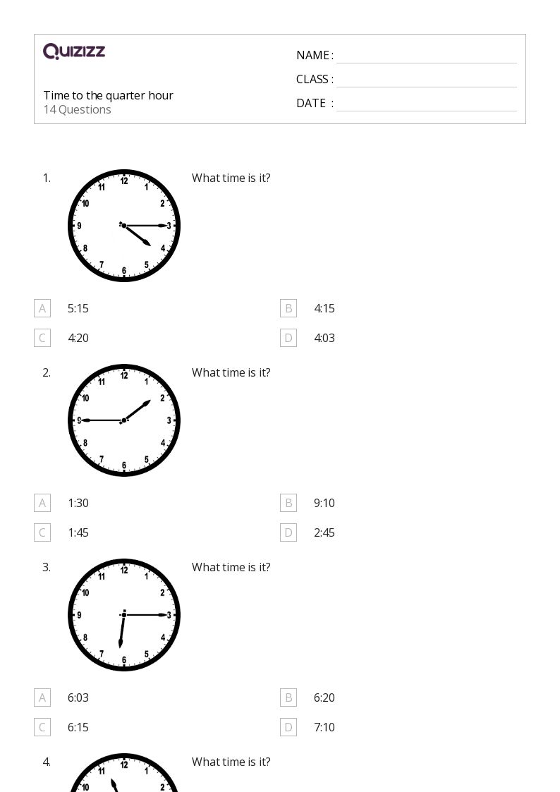 time to the quarter hour worksheet