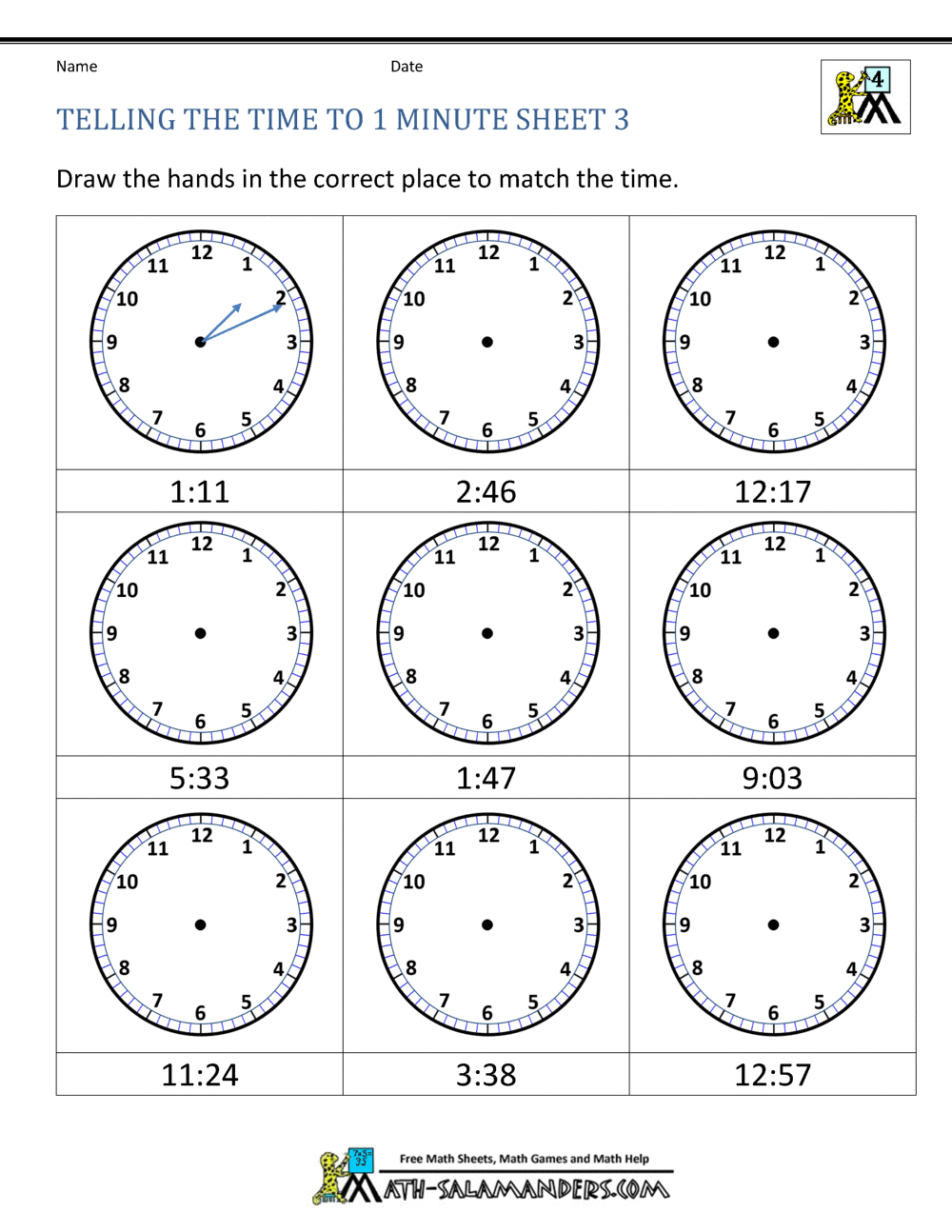 Telling Time Worksheets Grade 4 to the nearest minute