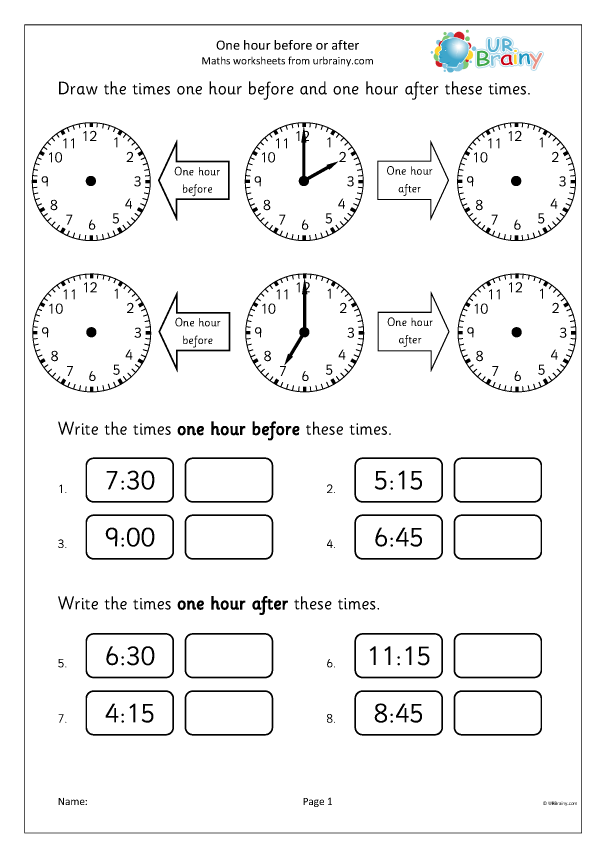 One hour before and after (1) - Time worksheets for Year 1 (age 5 ...