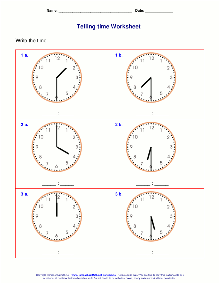 Telling time worksheets for 1st grade