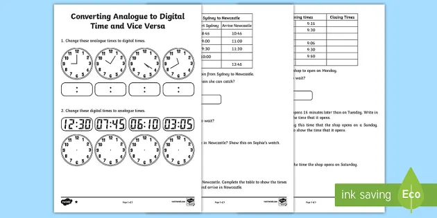Converting Analogue to Digital Time and Vice Versa Worksheet ...