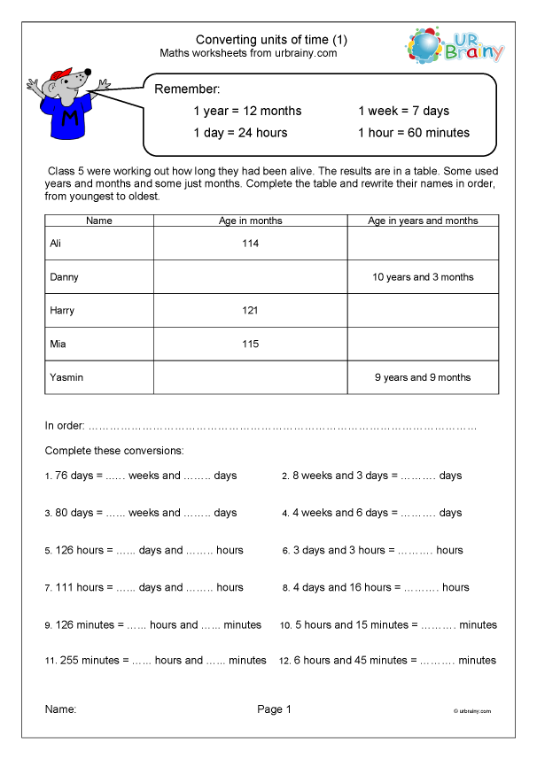 time worksheet converting minutes to