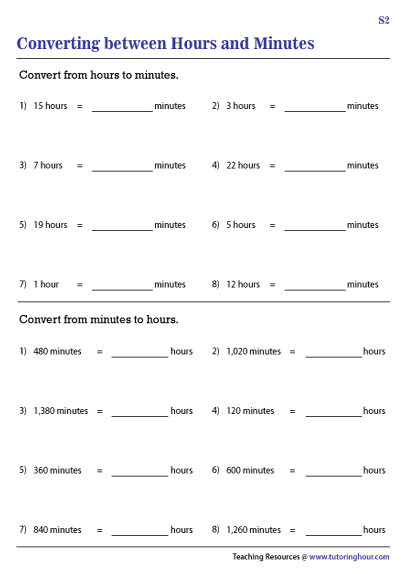 Converting between Hours and Minutes Worksheets