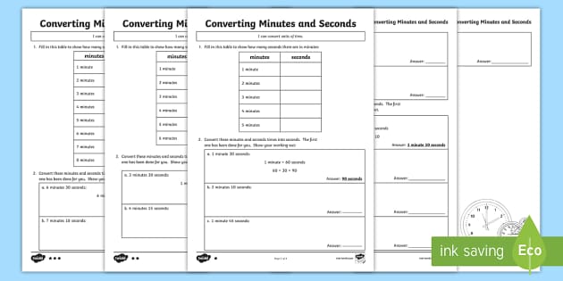 time worksheet converting minutes